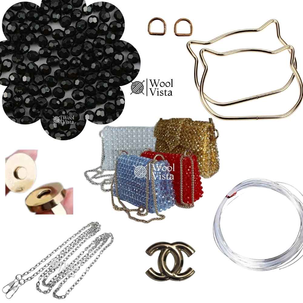 COMPLETE BAG MAKING KIT – ACRYLIC BEADS, HANDLES, RINGS, CHAIN, MAGNETIC BUTTON & ACCESSORIES