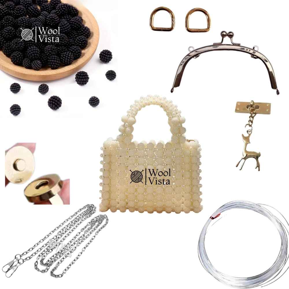 COMPLETE BAG MAKING KIT – BAYBERRY BALL BEADS, HANDLES, RINGS, CHAIN, MAGNETIC BUTTON & ACCESSORIES