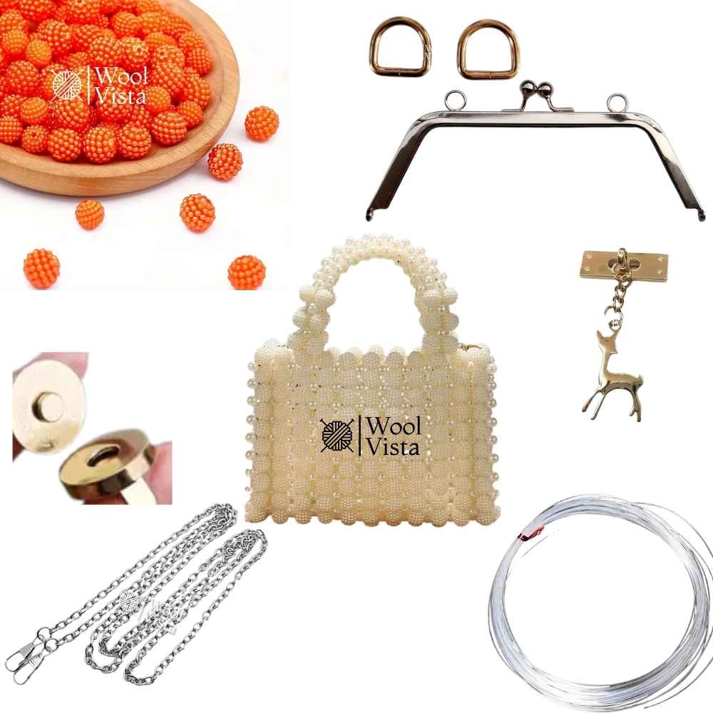 COMPLETE BAG MAKING KIT – BAYBERRY BALL BEADS, HANDLES, RINGS, CHAIN, MAGNETIC BUTTON & ACCESSORIES