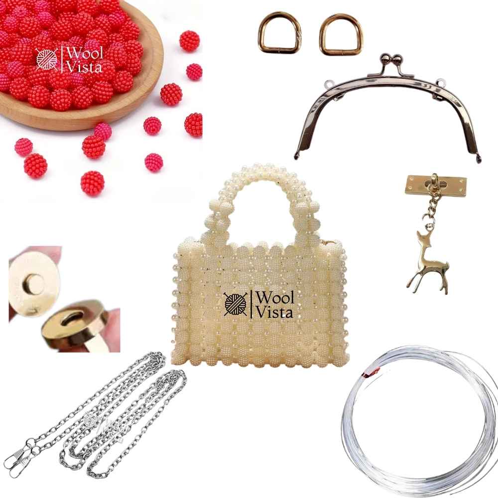COMPLETE BAG MAKING KIT – BAYBERRY BALL BEADS, HANDLES, RINGS, CHAIN, MAGNETIC BUTTON & ACCESSORIES