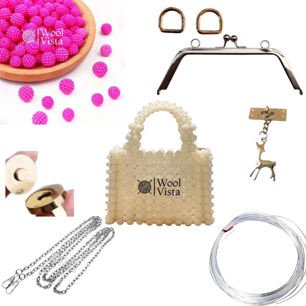COMPLETE BAG MAKING KIT – BAYBERRY BALL BEADS, HANDLES, RINGS, CHAIN, MAGNETIC BUTTON & ACCESSORIES