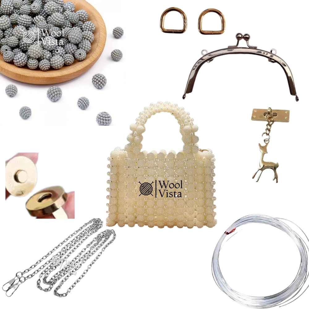 COMPLETE BAG MAKING KIT – BAYBERRY BALL BEADS, HANDLES, RINGS, CHAIN, MAGNETIC BUTTON & ACCESSORIES