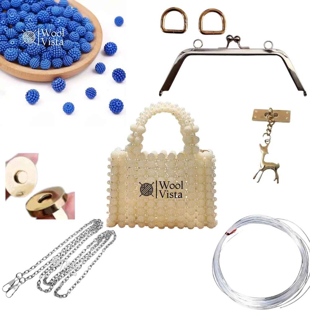 COMPLETE BAG MAKING KIT – BAYBERRY BALL BEADS, HANDLES, RINGS, CHAIN, MAGNETIC BUTTON & ACCESSORIES