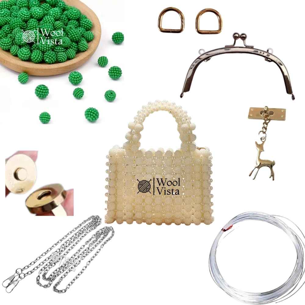 COMPLETE BAG MAKING KIT – BAYBERRY BALL BEADS, HANDLES, RINGS, CHAIN, MAGNETIC BUTTON & ACCESSORIES