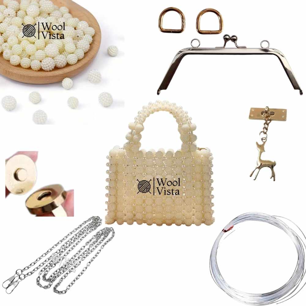 COMPLETE BAG MAKING KIT – BAYBERRY BALL BEADS, HANDLES, RINGS, CHAIN, MAGNETIC BUTTON & ACCESSORIES
