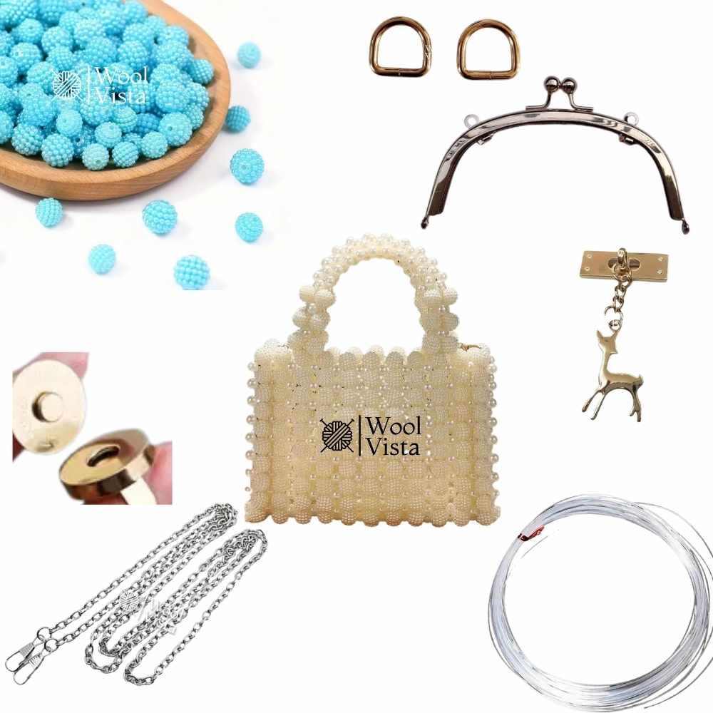 COMPLETE BAG MAKING KIT – BAYBERRY BALL BEADS, HANDLES, RINGS, CHAIN, MAGNETIC BUTTON & ACCESSORIES