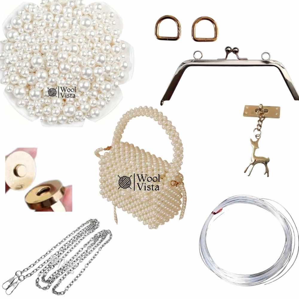 COMPLETE BAG MAKING KIT – PEARL BEADS, HANDLES, RINGS, CHAIN, MAGNETIC BUTTON & ACCESSORIES