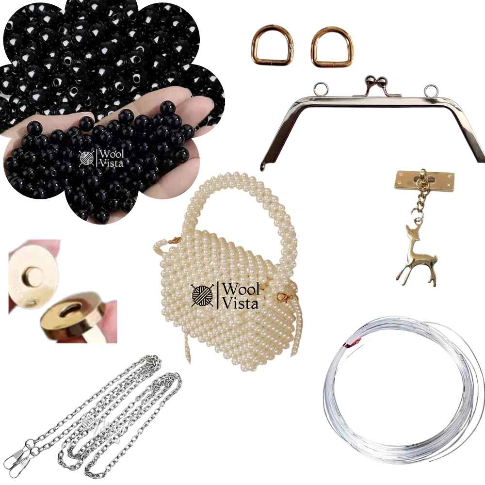 COMPLETE BAG MAKING KIT – PEARL BEADS, HANDLES, RINGS, CHAIN, MAGNETIC BUTTON & ACCESSORIES