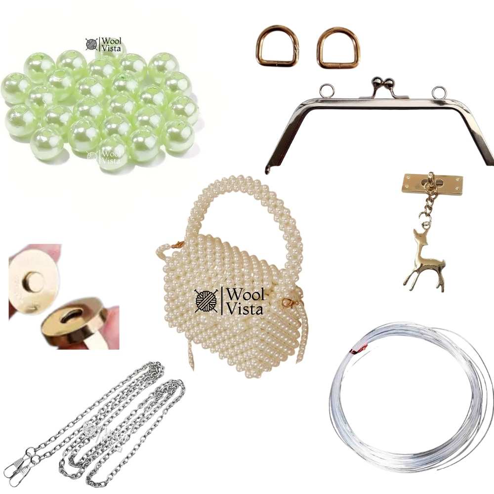 COMPLETE BAG MAKING KIT – PEARL BEADS, HANDLES, RINGS, CHAIN, MAGNETIC BUTTON & ACCESSORIES