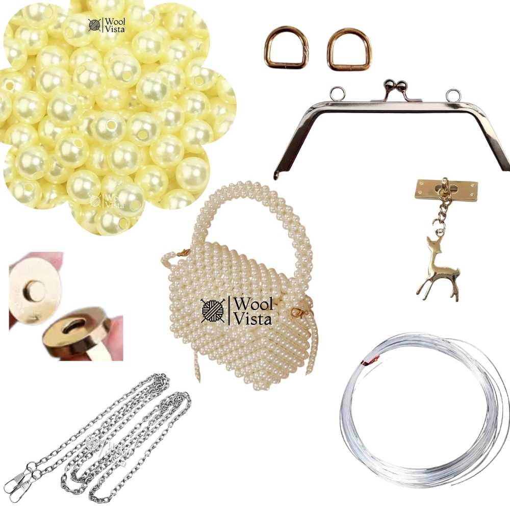 COMPLETE BAG MAKING KIT – PEARL BEADS, HANDLES, RINGS, CHAIN, MAGNETIC BUTTON & ACCESSORIES