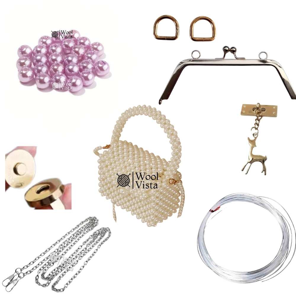 COMPLETE BAG MAKING KIT – PEARL BEADS, HANDLES, RINGS, CHAIN, MAGNETIC BUTTON & ACCESSORIES
