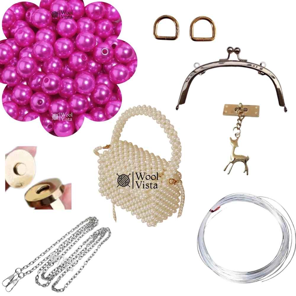 COMPLETE BAG MAKING KIT – PEARL BEADS, HANDLES, RINGS, CHAIN, MAGNETIC BUTTON & ACCESSORIES