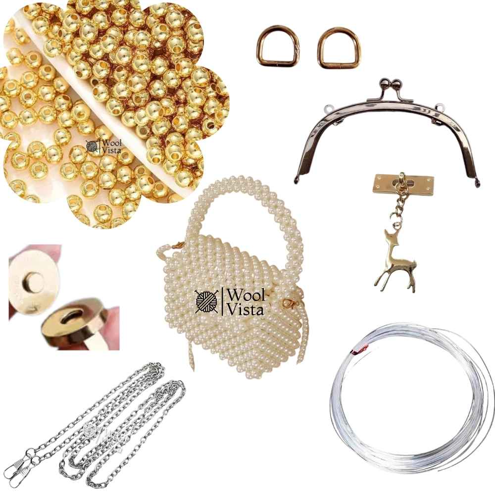 COMPLETE BAG MAKING KIT – PEARL BEADS, HANDLES, RINGS, CHAIN, MAGNETIC BUTTON & ACCESSORIES