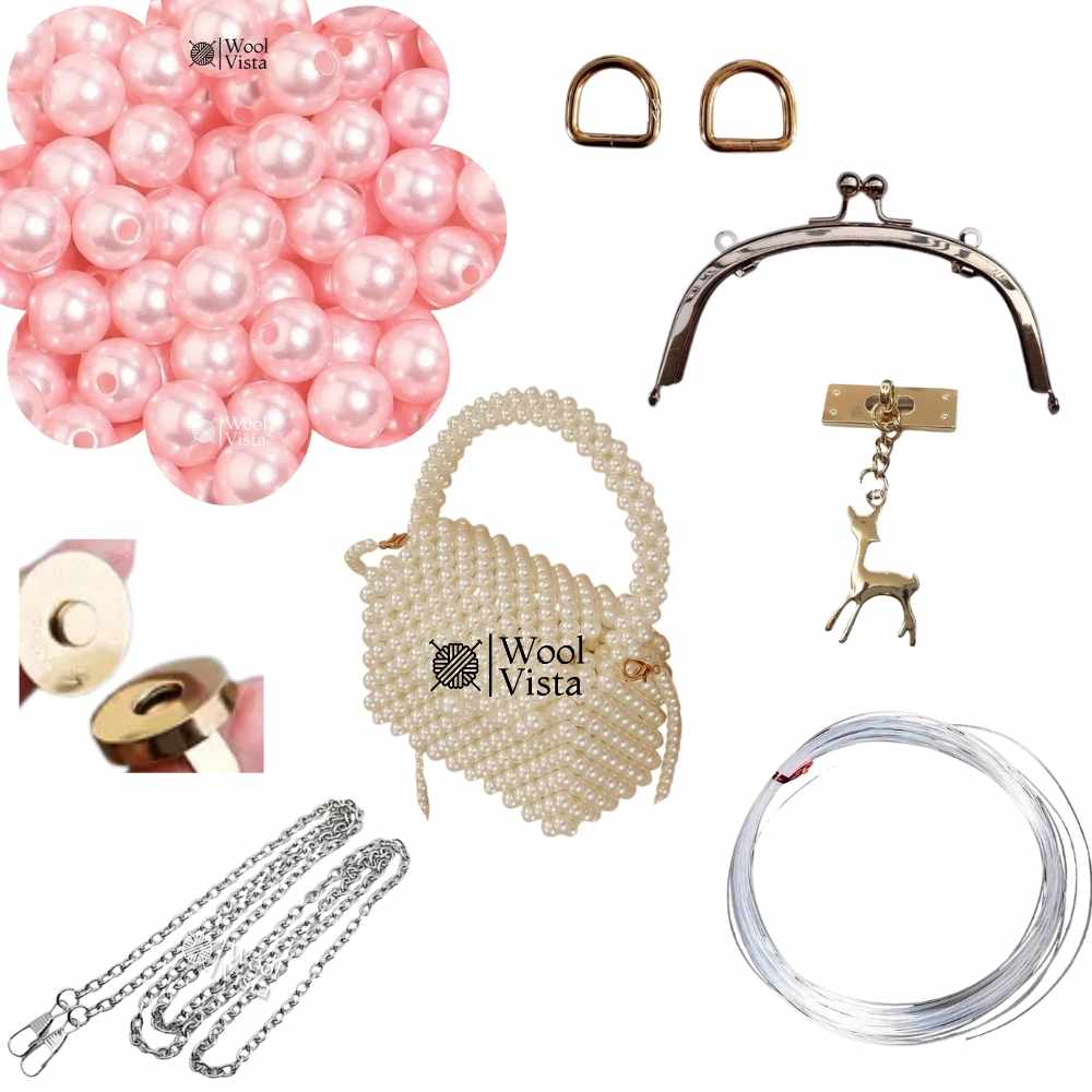 COMPLETE BAG MAKING KIT – PEARL BEADS, HANDLES, RINGS, CHAIN, MAGNETIC BUTTON & ACCESSORIES