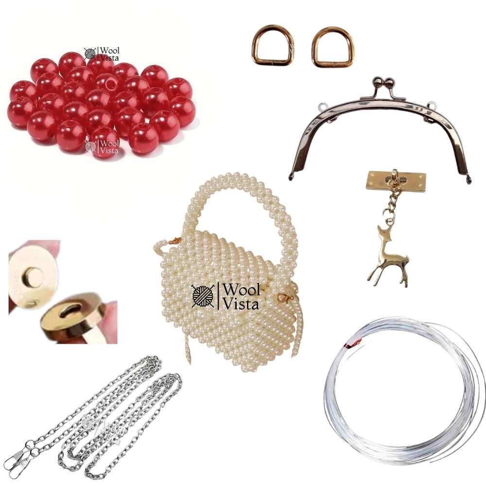 COMPLETE BAG MAKING KIT – PEARL BEADS, HANDLES, RINGS, CHAIN, MAGNETIC BUTTON & ACCESSORIES