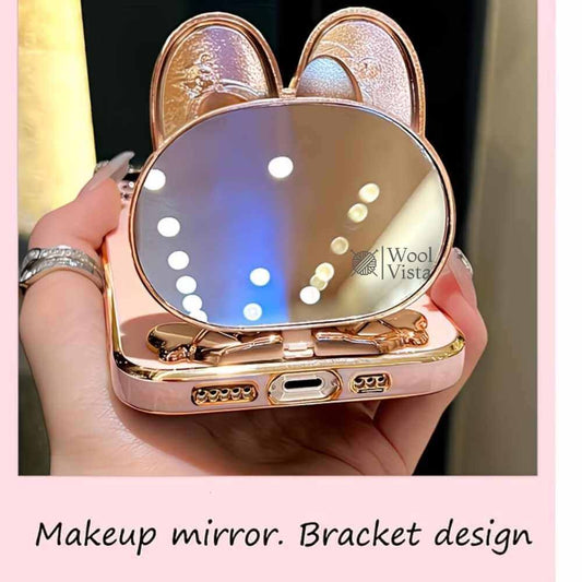 CUTE RABBIT MAKEUP MIRROR PHONE STAND – FOLDABLE & ROTATABLE ADHESIVE PHONE HOLDER, UNIVERSAL MOBILE STAND FOR ALL MODELS