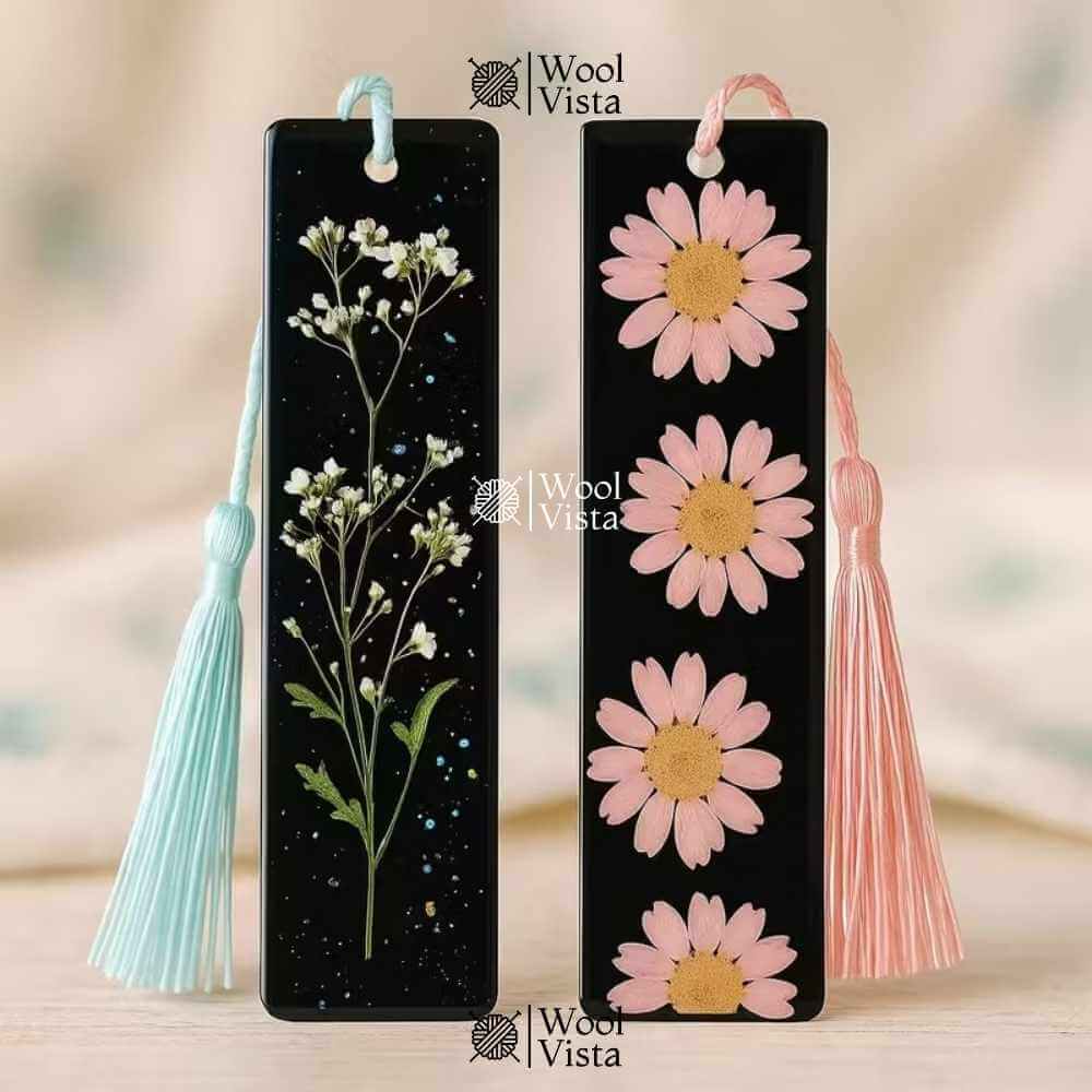 DIY HANDMADE RECTANGULAR RESIN BOOKMARK MOLD – WITH COLORFUL TASSELS & DRIED FLOWER DESIGN