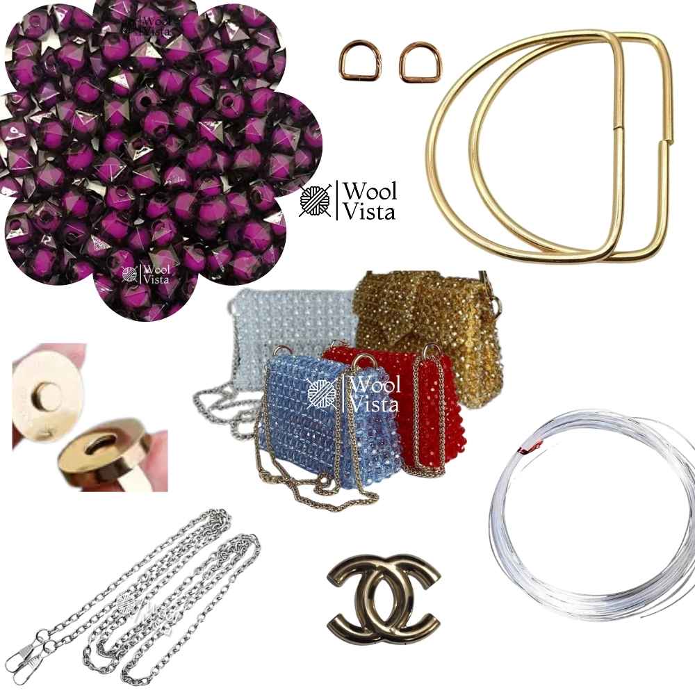 COMPLETE BAG MAKING KIT – ACRYLIC BEADS, HANDLES, RINGS, CHAIN, MAGNETIC BUTTON & ACCESSORIES