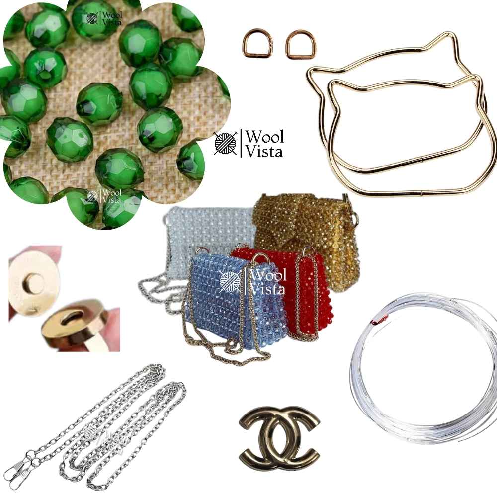 COMPLETE BAG MAKING KIT – ACRYLIC BEADS, HANDLES, RINGS, CHAIN, MAGNETIC BUTTON & ACCESSORIES