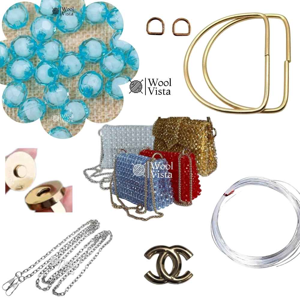 COMPLETE BAG MAKING KIT – ACRYLIC BEADS, HANDLES, RINGS, CHAIN, MAGNETIC BUTTON & ACCESSORIES
