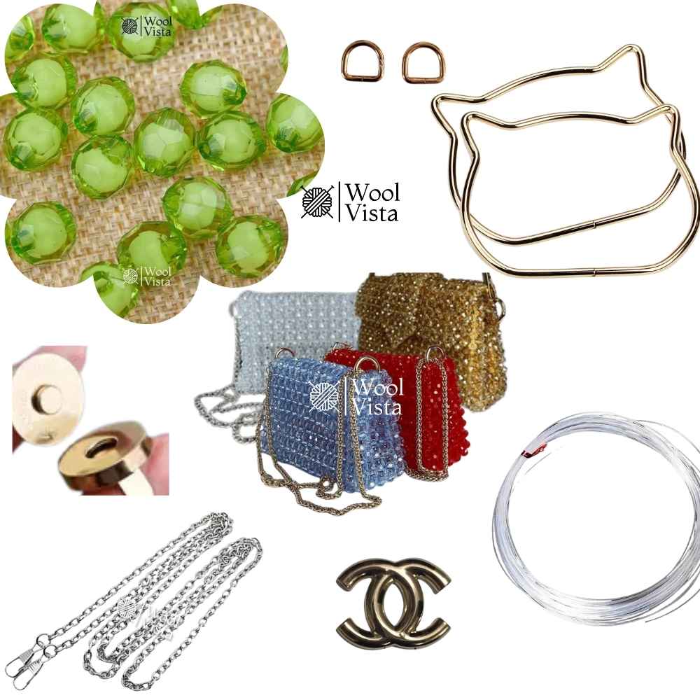 COMPLETE BAG MAKING KIT – ACRYLIC BEADS, HANDLES, RINGS, CHAIN, MAGNETIC BUTTON & ACCESSORIES