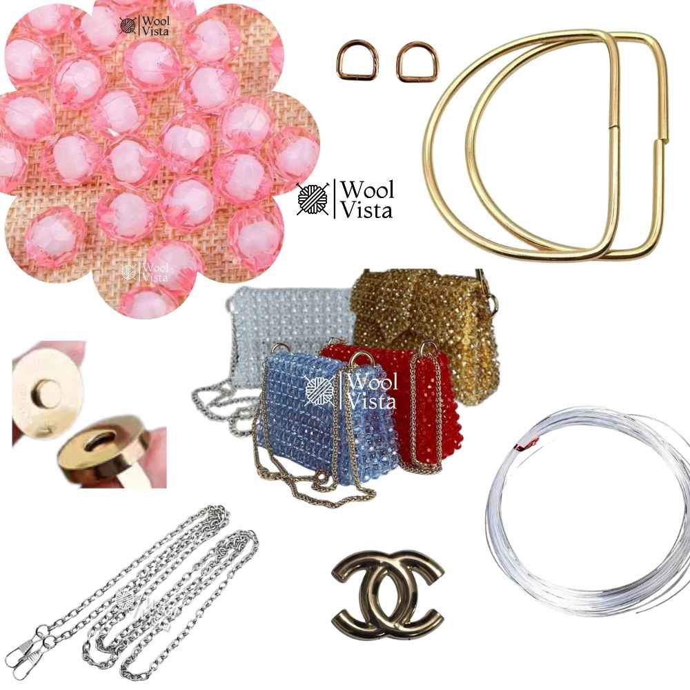 COMPLETE BAG MAKING KIT – ACRYLIC BEADS, HANDLES, RINGS, CHAIN, MAGNETIC BUTTON & ACCESSORIES