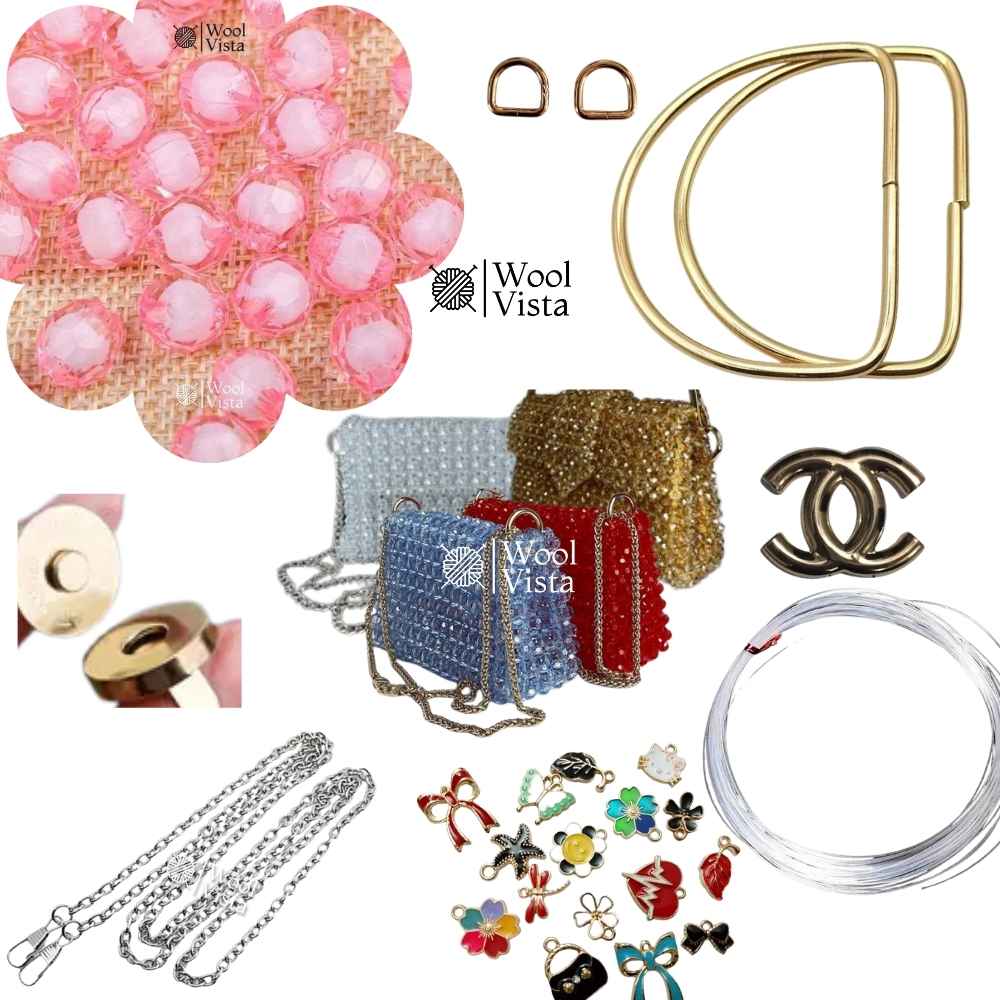 COMPLETE BAG MAKING KIT – ACRYLIC BEADS, HANDLES, RINGS, CHAIN, MAGNETIC BUTTON & ACCESSORIES