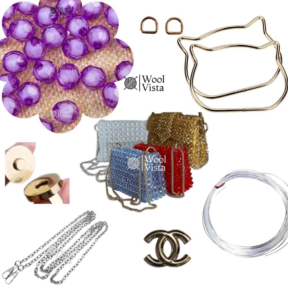 COMPLETE BAG MAKING KIT – ACRYLIC BEADS, HANDLES, RINGS, CHAIN, MAGNETIC BUTTON & ACCESSORIES