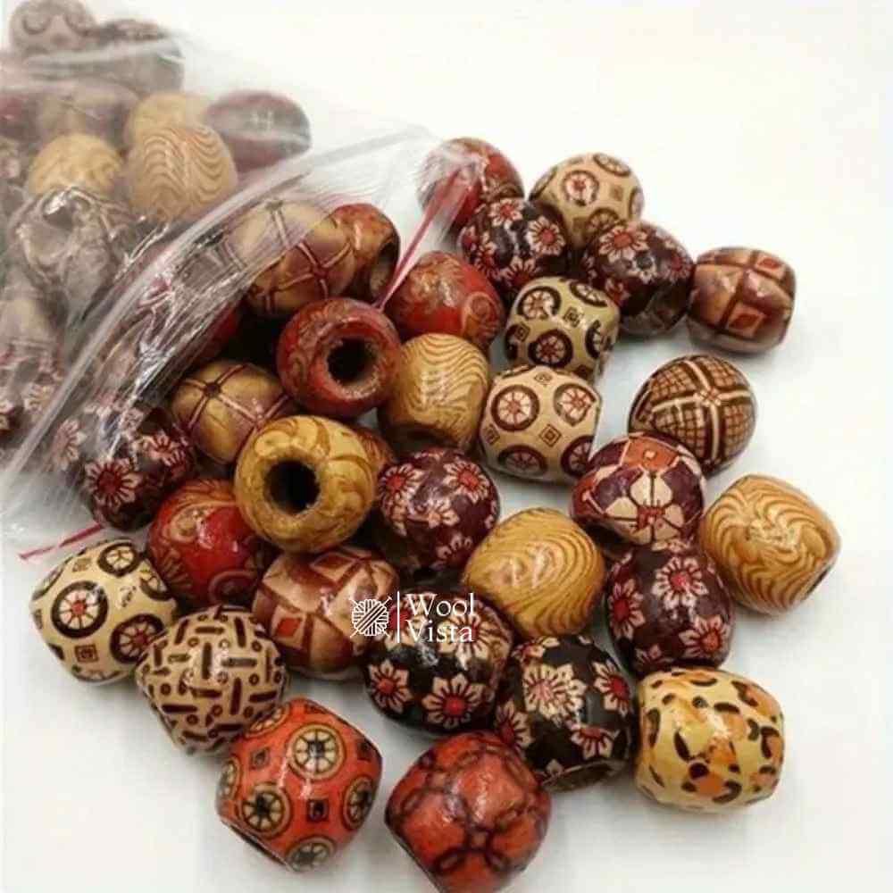 MIXED WOODEN BEAD TRIBAL PATTERN WOOD BEADS - (PACK OF 50)