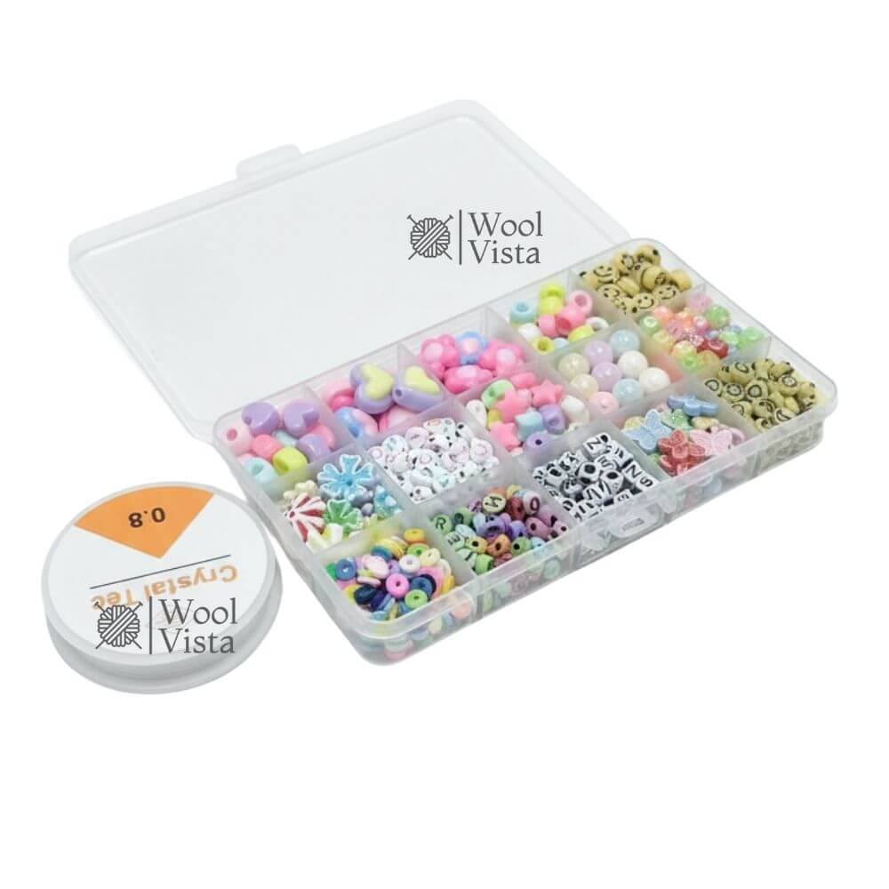 MULTI-SHAPE BEADS BOX – ALPHABET, SMILEY, PASTEL & SHAPE BEADS WITH CRYSTAL ELASTIC FOR JEWELRY MAKING & DIY CRAFTS