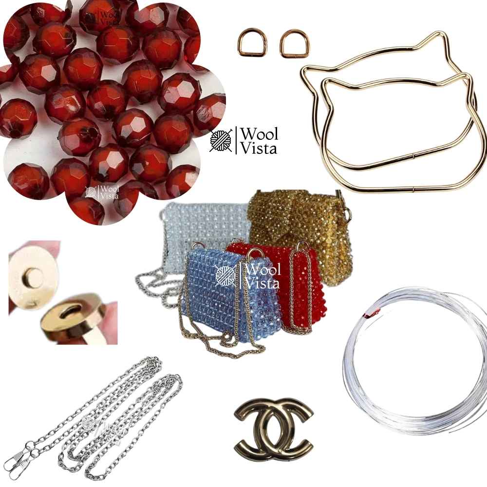COMPLETE BAG MAKING KIT – ACRYLIC BEADS, HANDLES, RINGS, CHAIN, MAGNETIC BUTTON & ACCESSORIES