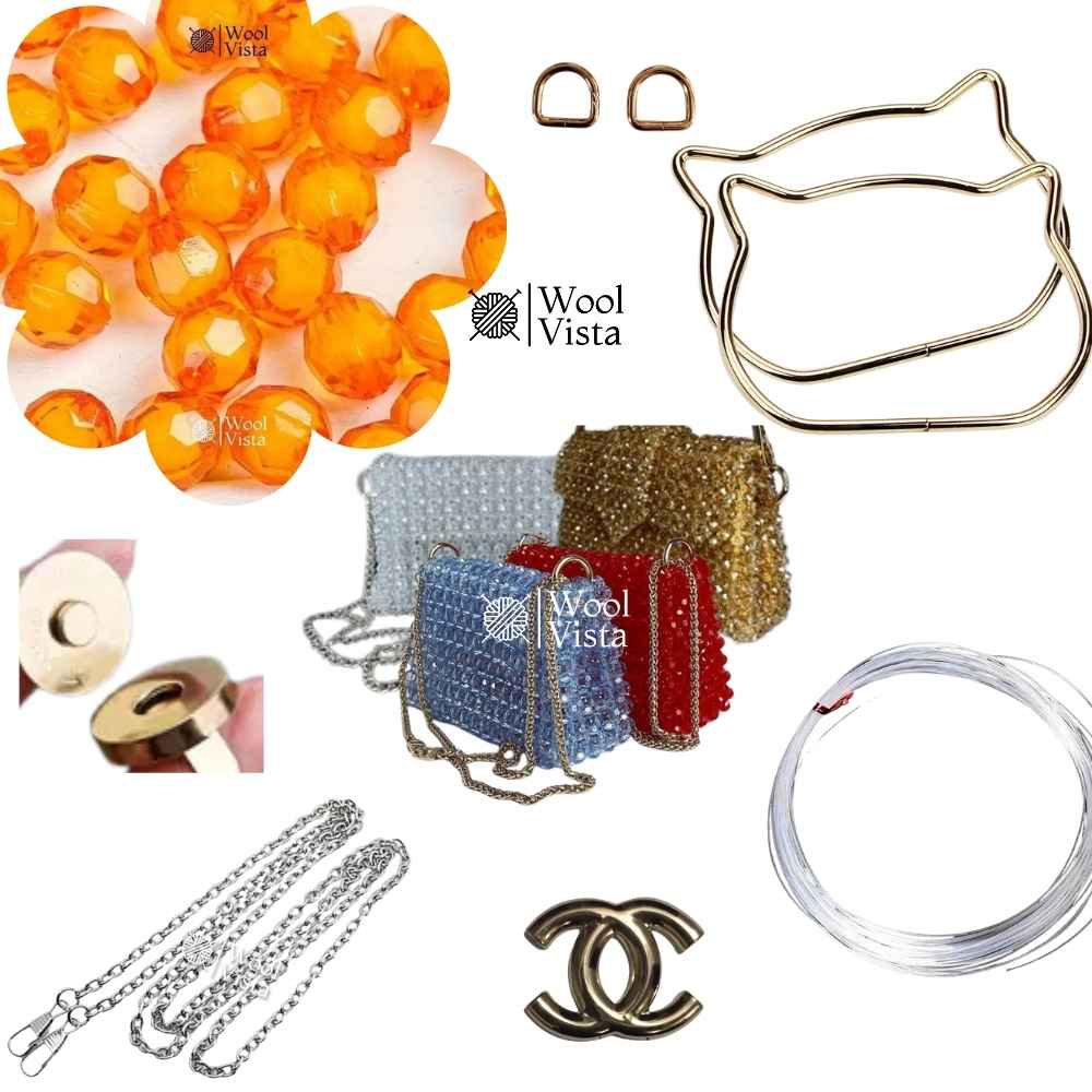 COMPLETE BAG MAKING KIT – ACRYLIC BEADS, HANDLES, RINGS, CHAIN, MAGNETIC BUTTON & ACCESSORIES