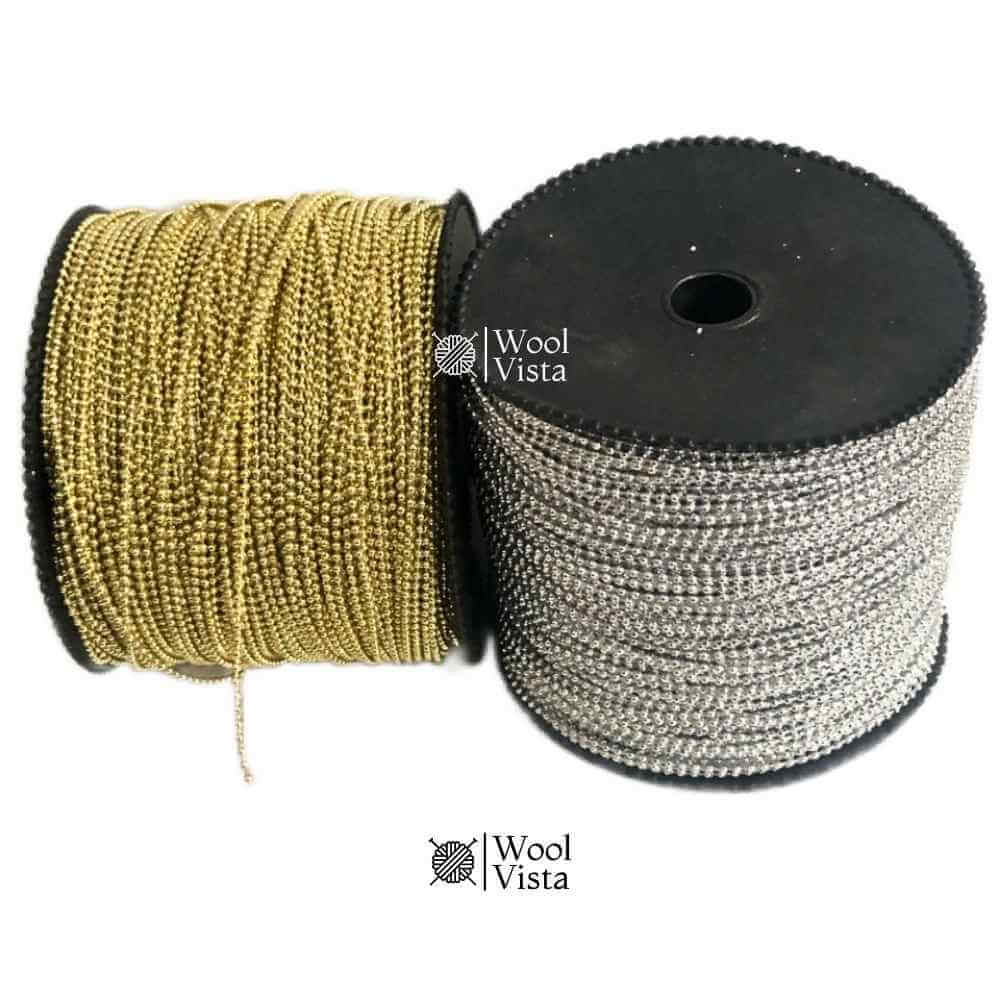 PLASTIC BEADS TRIM 5 YARDS – GOLDEN / SILVER 1.5MM BEAD STRING FOR DIY JEWELRY MAKING, GARMENT EMBELLISHMENT, CRAFT & DECOR PROJECTS