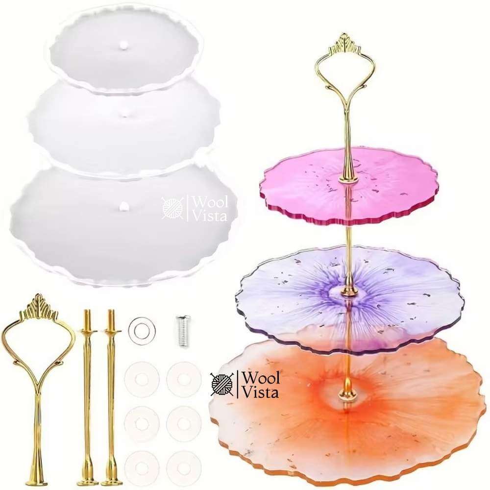 RESIN TRAY MOLD 3-LAYER SET – ROUND & SQUARE SILICONE MOLDS WITH HARDWARE FOR DIY EPOXY CAKE STAND & DISPLAY TRAYS