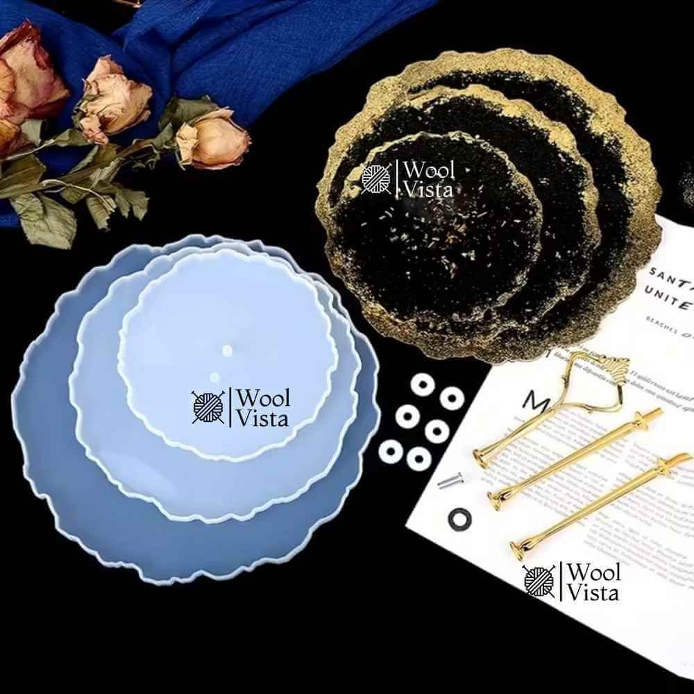 RESIN TRAY MOLD 3-LAYER SET – ROUND & SQUARE SILICONE MOLDS WITH HARDWARE FOR DIY EPOXY CAKE STAND & DISPLAY TRAYS