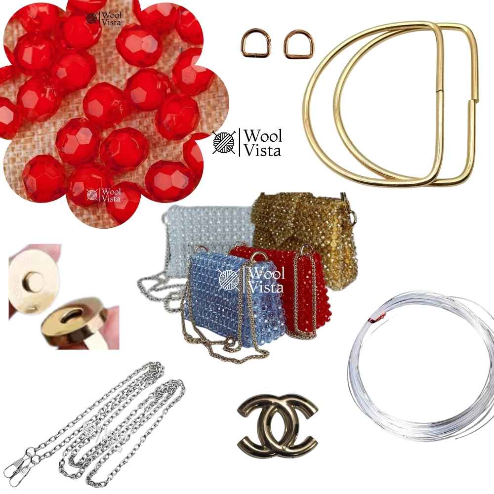 COMPLETE BAG MAKING KIT – ACRYLIC BEADS, HANDLES, RINGS, CHAIN, MAGNETIC BUTTON & ACCESSORIES