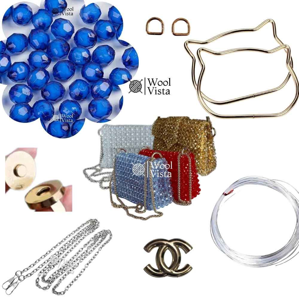 COMPLETE BAG MAKING KIT – ACRYLIC BEADS, HANDLES, RINGS, CHAIN, MAGNETIC BUTTON & ACCESSORIES