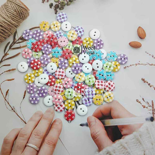 VINTAGE PRINTED WOODEN BUTTONS (10PCS) – WHITE BACKGROUND CHECKERED & POLKA DOT DESIGNS, 2-HOLE SEWING BUTTONS FOR CLOTHING, BAGS & DIY CRAFTS