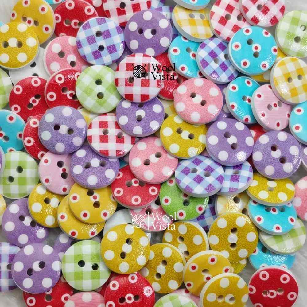 VINTAGE PRINTED WOODEN BUTTONS (10PCS) – WHITE BACKGROUND CHECKERED & POLKA DOT DESIGNS, 2-HOLE SEWING BUTTONS FOR CLOTHING, BAGS & DIY CRAFTS
