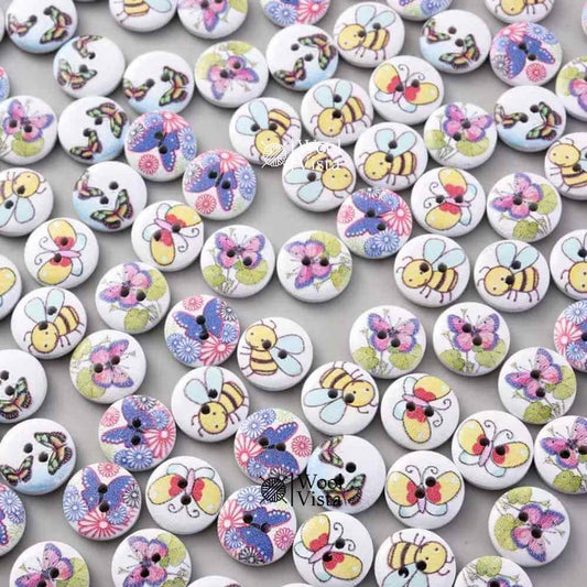 WHITE WOOD BUTTONS WITH BEE & BUTTERFLY SHAPES 15MM– DECORATIVE SEWING & KNITTING CRAFT BUTTONS (PACK OF 10)
