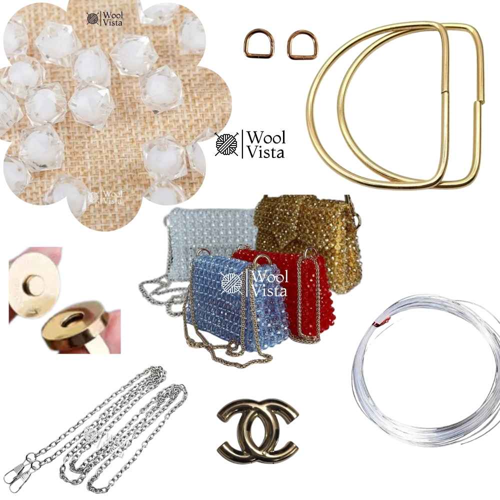 COMPLETE BAG MAKING KIT – ACRYLIC BEADS, HANDLES, RINGS, CHAIN, MAGNETIC BUTTON & ACCESSORIES
