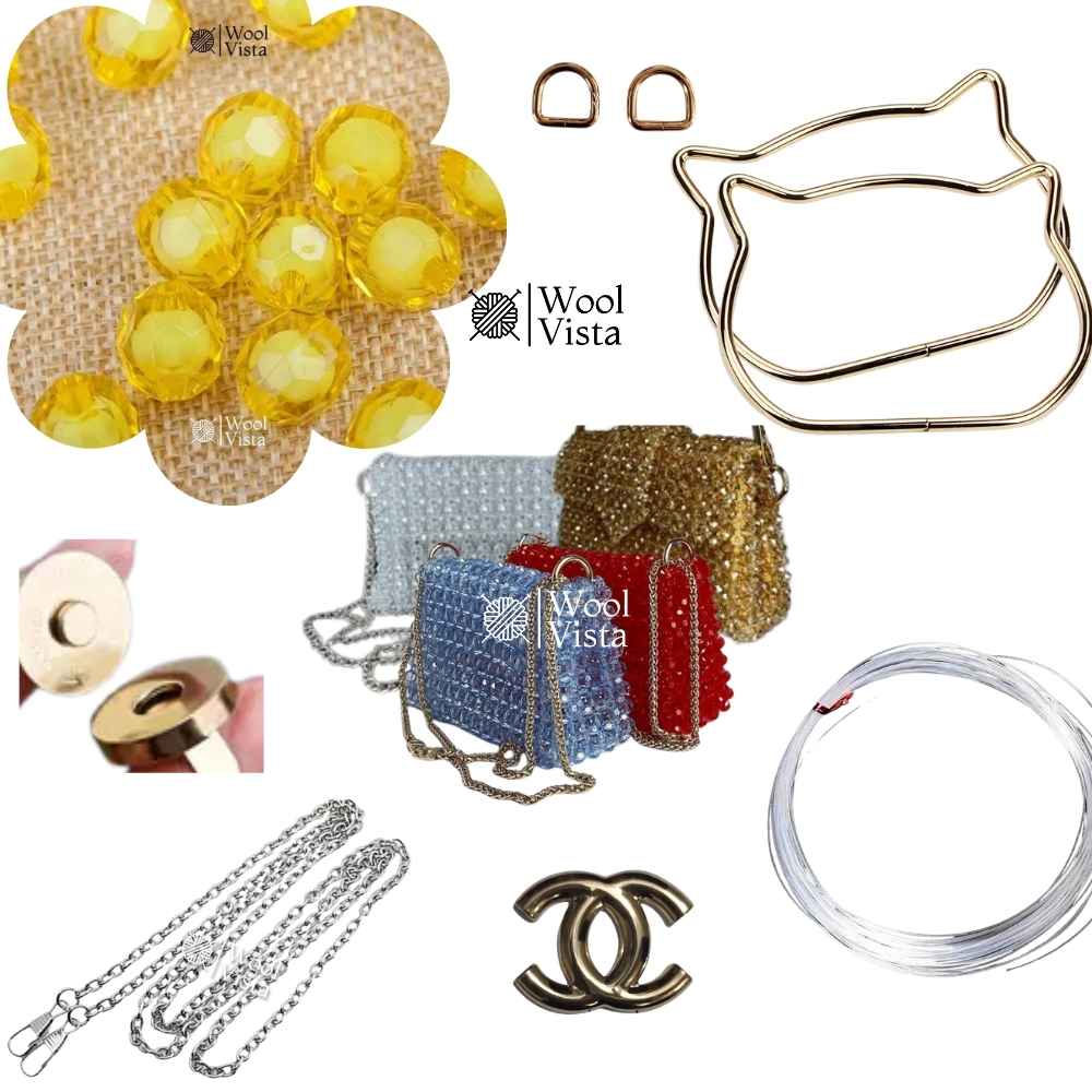 COMPLETE BAG MAKING KIT – ACRYLIC BEADS, HANDLES, RINGS, CHAIN, MAGNETIC BUTTON & ACCESSORIES