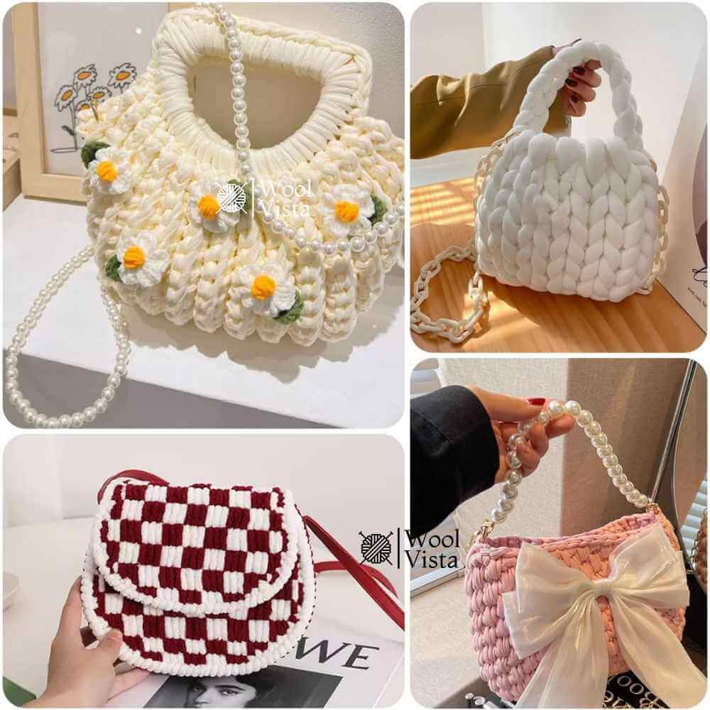 Finished crochet bags made on plastic mesh bases: daisy bag, braided handbag, checkered saddle bag and pink bow bag