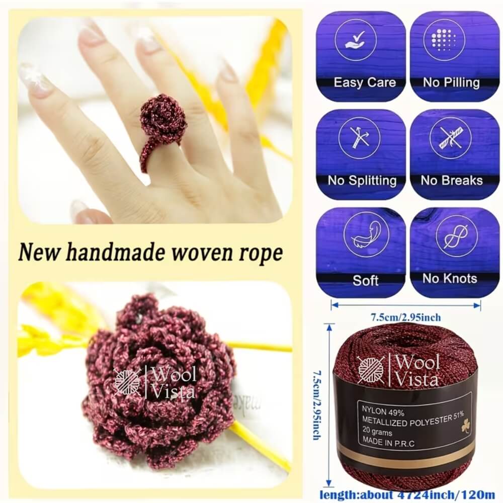 HAND-WOVEN CROCHET THREAD 1MM – 120M/394FT SHIMMERING NYLON BLEND YARN FOR DIY CRAFTS, HANDMADE BAGS, HATS, JEWELRY & HOLIDAY DECOR