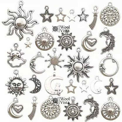 ANTIQUE SILVER SUN MOON & STAR CHARMS – ZINC ALLOY PENDANTS FOR DIY JEWELRY MAKING