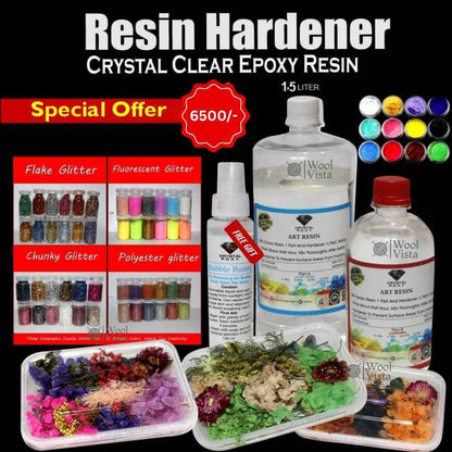 RESIN DEAL – COMPLETE EPOXY RESIN CRAFT KIT WITH RESIN, HARDENER, DRY FLOWERS, MICA POWDER, GLITTER SETS & BUBBLE BUSTER SPRAY (1.5KG CRYSTAL CLEAR RESIN SET)