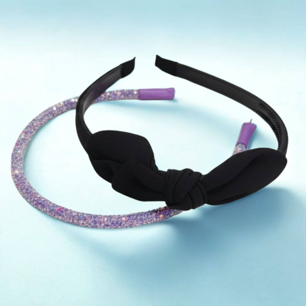 BLACK & GLITTER PURPLE BOW HEADBANDS (2 PCS SET) ELEGANT, TRENDY, CUTE, AESTHETIC, KOREAN FASHION HAIRBANDS GIRLS