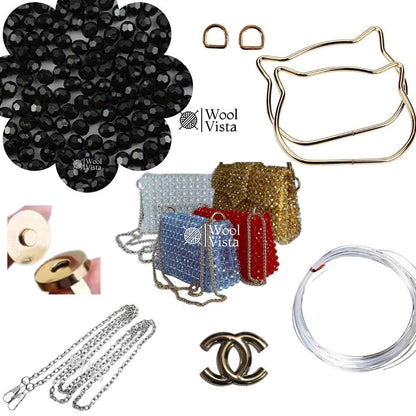 COMPLETE BAG MAKING KIT – ACRYLIC BEADS, HANDLES, RINGS, CHAIN, MAGNETIC BUTTON & ACCESSORIES
