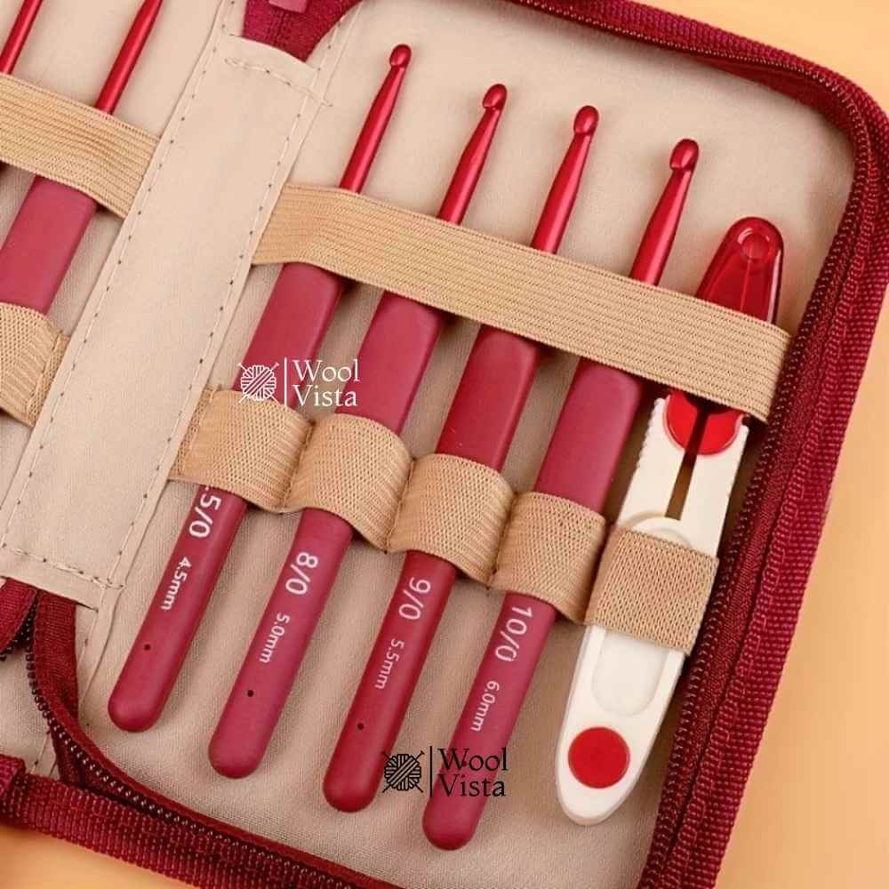 CLASSIC ERGONOMIC SOFT HANDLE CROCHET HOOK SET (10 PCS) – COMFORT GRIP CROCHET NEEDLES WITH MAROON CARRYING POUCH FOR DIY KNITTING & CROCHET PROJECTS