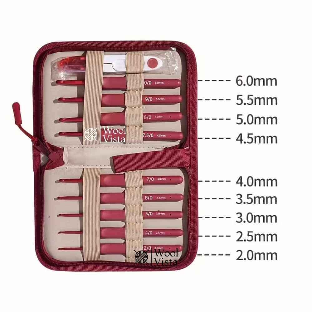 CLASSIC ERGONOMIC SOFT HANDLE CROCHET HOOK SET (10 PCS) – COMFORT GRIP CROCHET NEEDLES WITH MAROON CARRYING POUCH FOR DIY KNITTING & CROCHET PROJECTS